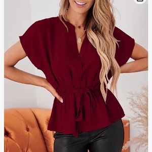 Womens Red Button Down Chiffon Blouse Size Large